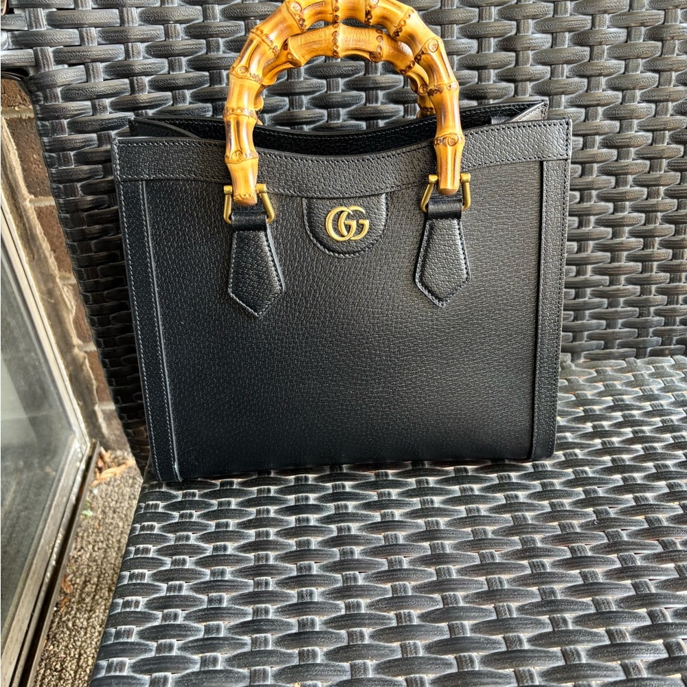 Gucci Medium Black Leather Diana Tote with Bamboo Handles and Gold GG